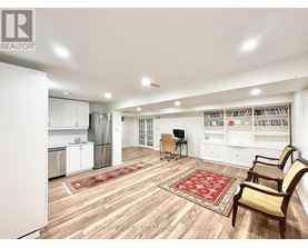 A living room with a refrigerator, a TV, and a rug.