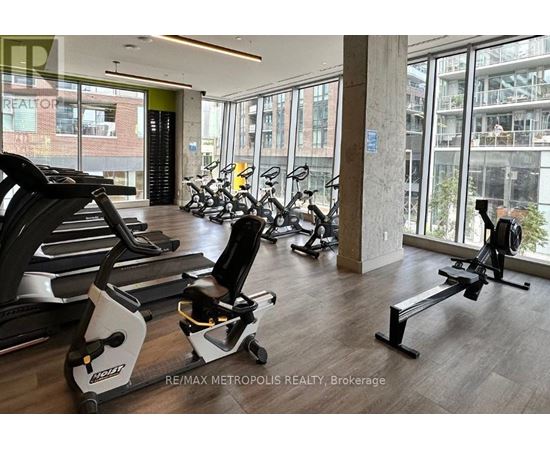 A gym with treadmills and exercise bikes.
