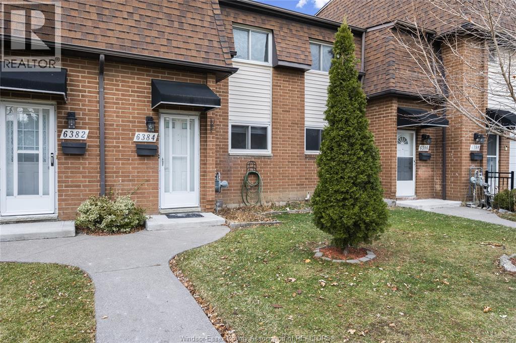 A small tree is in a grassy area in front of a brick building.