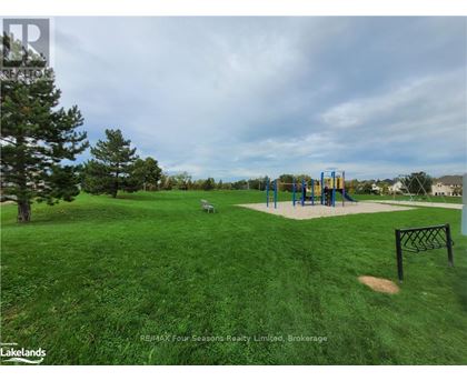 A playground with a slide and swings in a grassy area.