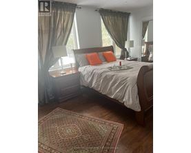 A bedroom with a large bed and a patterned rug.