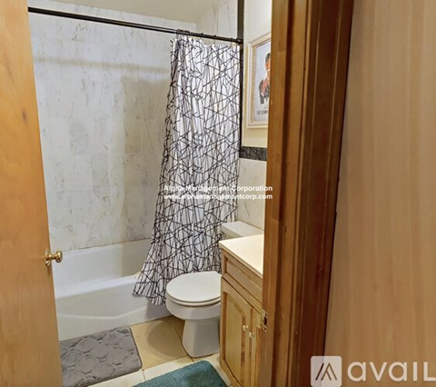 A bathroom with a toilet, a shower curtain, and a wooden door.