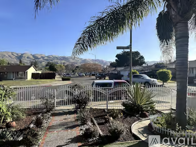 A sunny day in a residential area with a mountain in the distance.