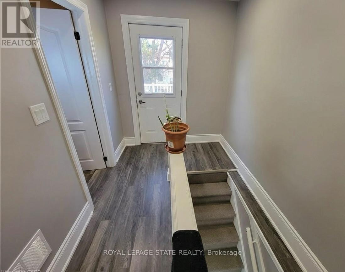 A hallway with a door and a plant on the steps.