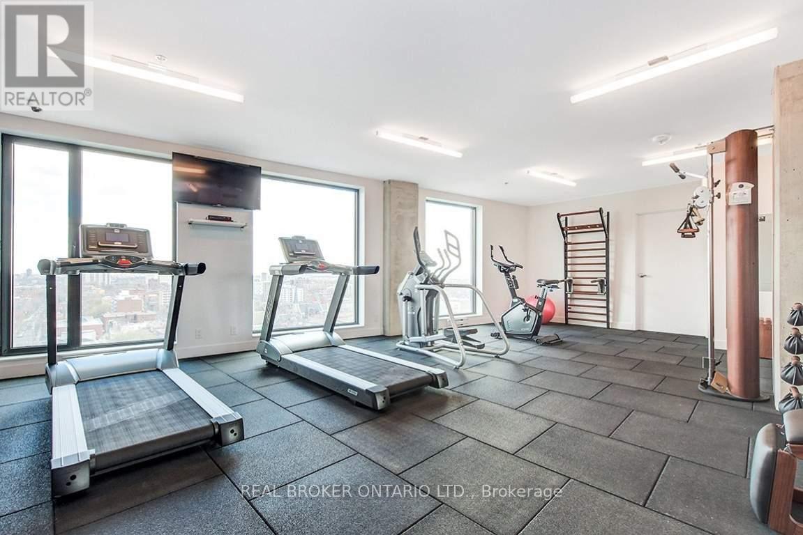 A gym with treadmills, elliptical machines, and other exercise equipment.