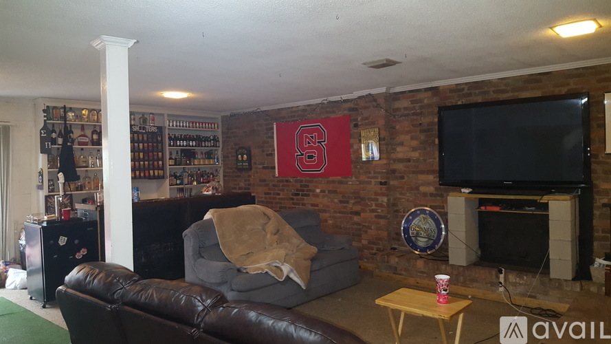 A living room with a couch, a TV, and a fireplace.