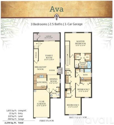 A floor plan for a home named Ava, featuring three bedrooms, two bathrooms, and a one-car garage.