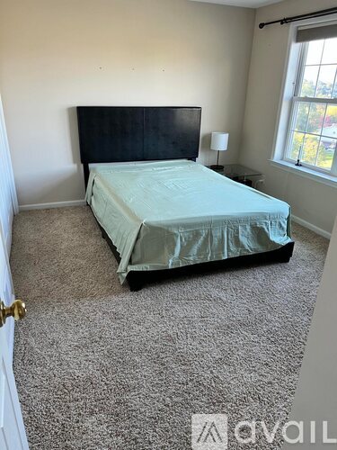 A bedroom with a bed, carpet, and a window.