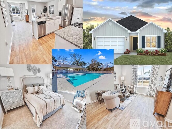 A collage of images showcasing a modern home interior and exterior.