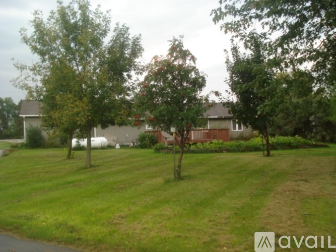 A grassy field with trees and a house in the background.