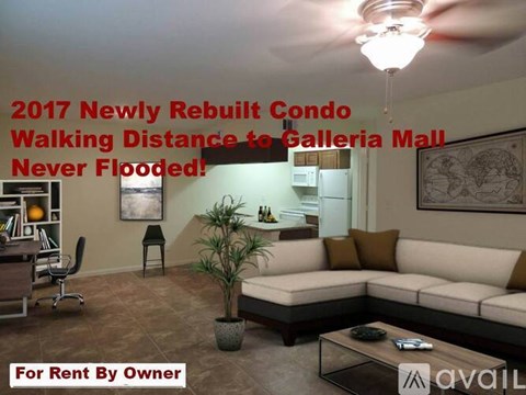 A living room with a couch, chair, and potted plant, advertising a condo for rent.