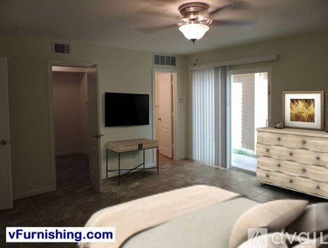A living room with a television, a bench, and a dresser.