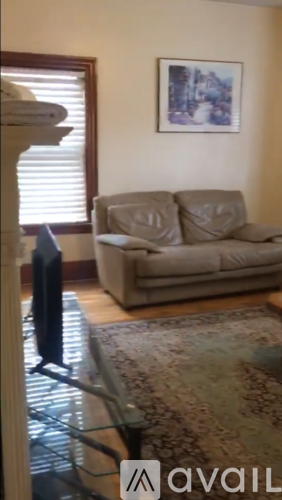 A living room with a couch and a rug.