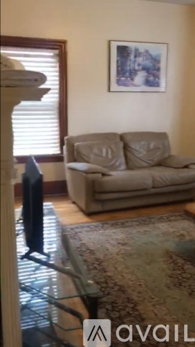 A living room with a couch and a rug.