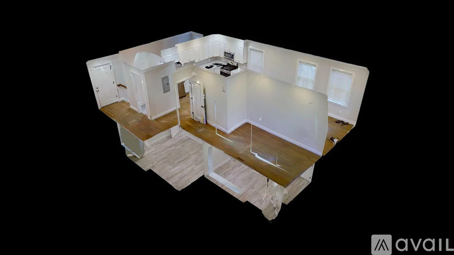 A 3D rendered image of a house layout.