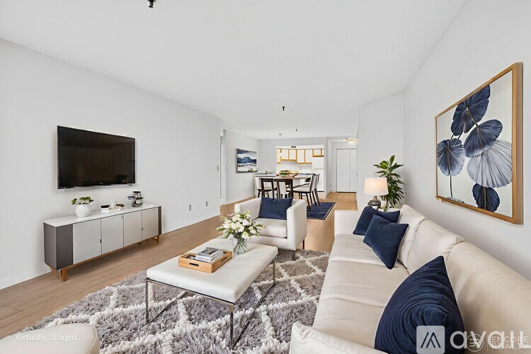 A living room with a white couch and a grey rug.