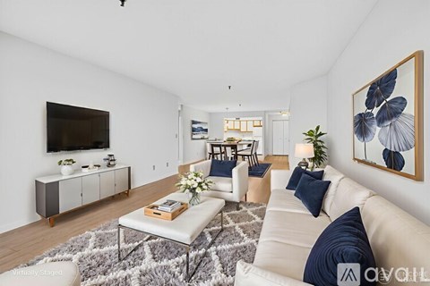 A living room with a white couch and a grey rug.