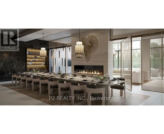 A modern dining room with a fireplace and a long table set for a meal.