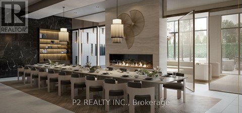 A modern dining room with a fireplace and a long table set for a meal.