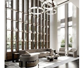 A modern living room with a large window and a chandelier.