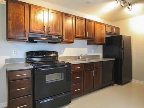 A kitchen with black appliances and wooden cabinets.
