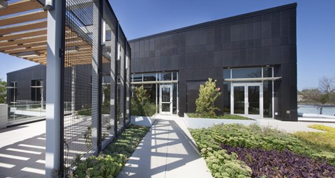 A modern building with a black facade and a garden in front.