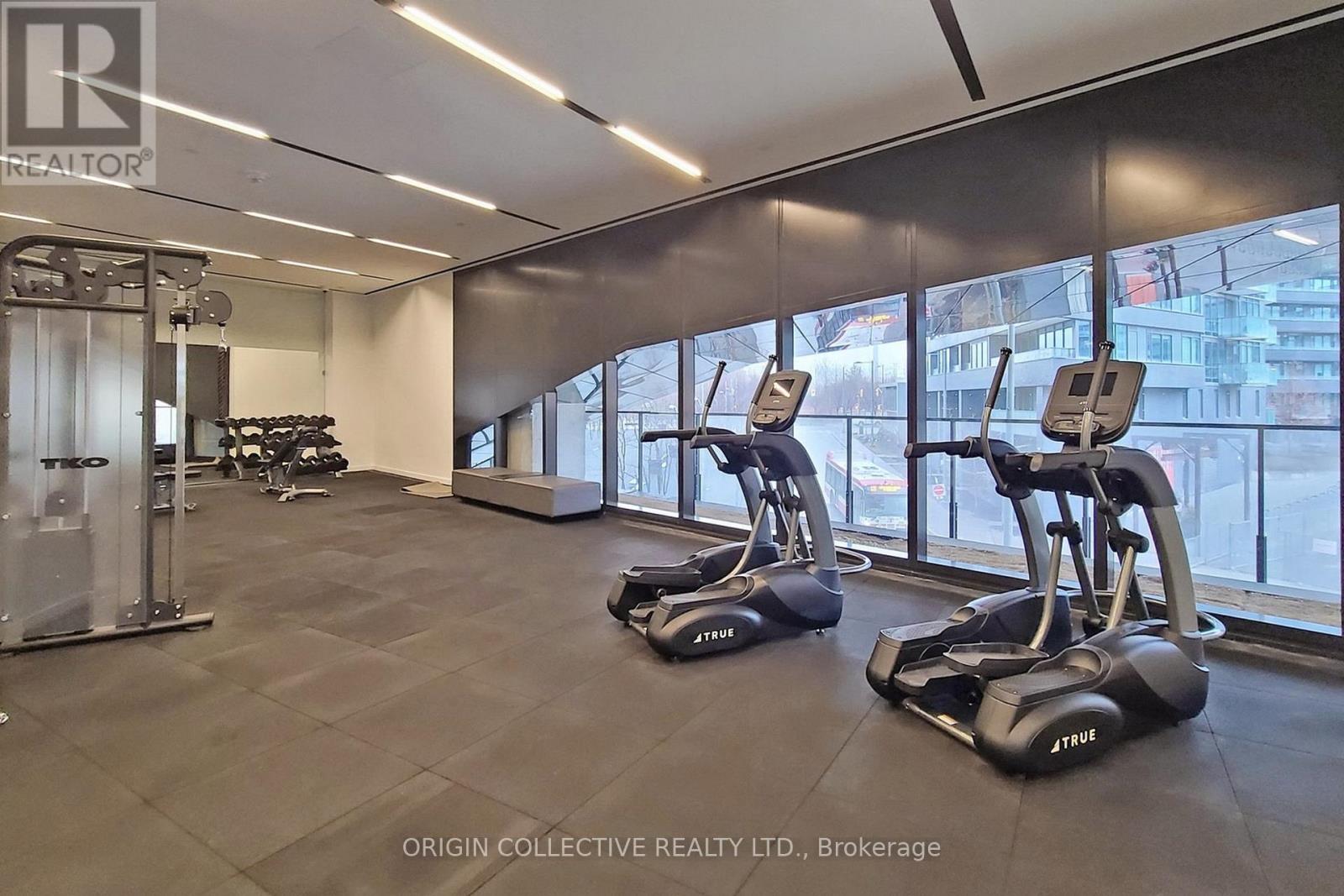 A gym with treadmills and a view of the city.