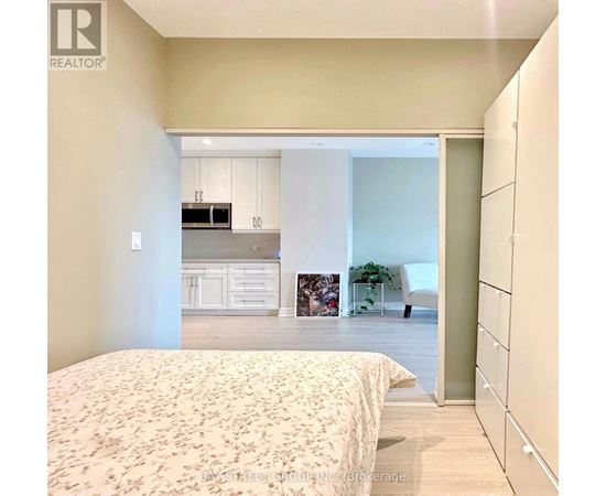 A bedroom with a large bed and a kitchen area in the background.