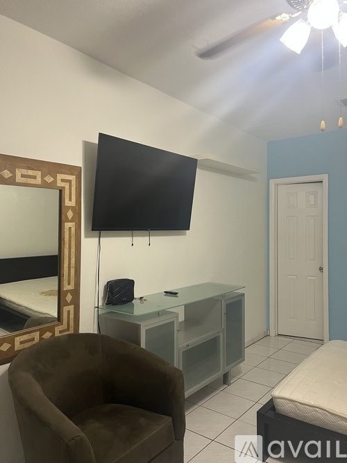 A room with a brown chair, a mirror, a black TV, and a white door.