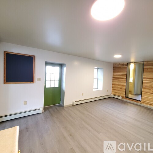 A room with wooden floors and a green door.