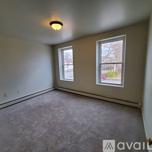 A room with a carpeted floor, two windows, and a ceiling light fixture.