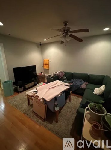 A living room with a green couch and a television.