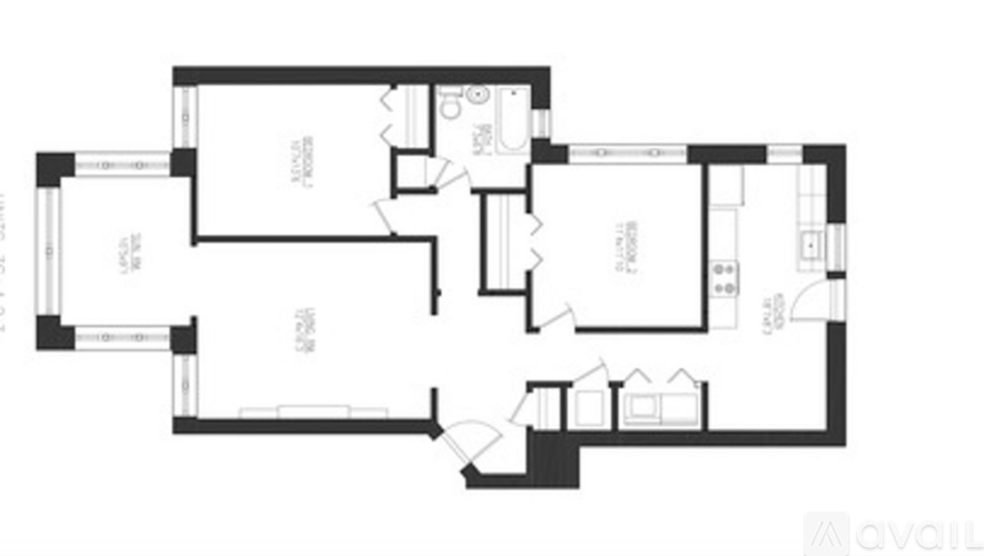 A floor plan of an apartment with two bedrooms and two bathrooms.