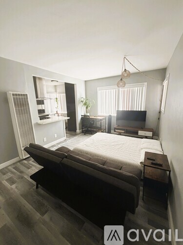 A living room with a couch, a bed, and a television.