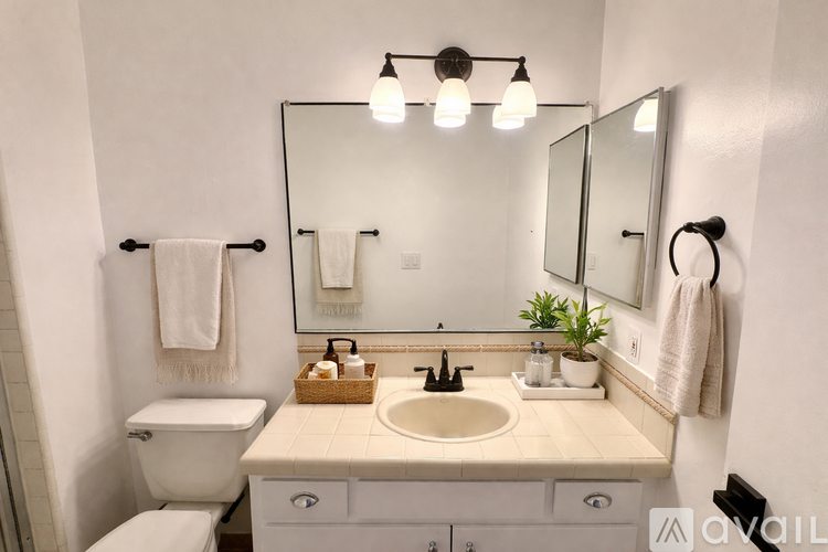 A bathroom with a white toilet, sink, and mirror.