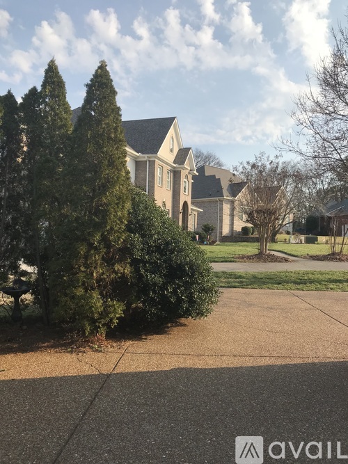A house with a driveway and trees in front.