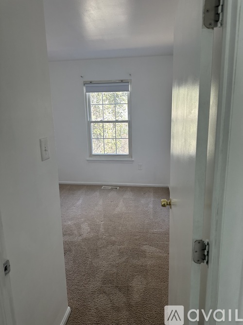 A carpeted room with a window and a door.