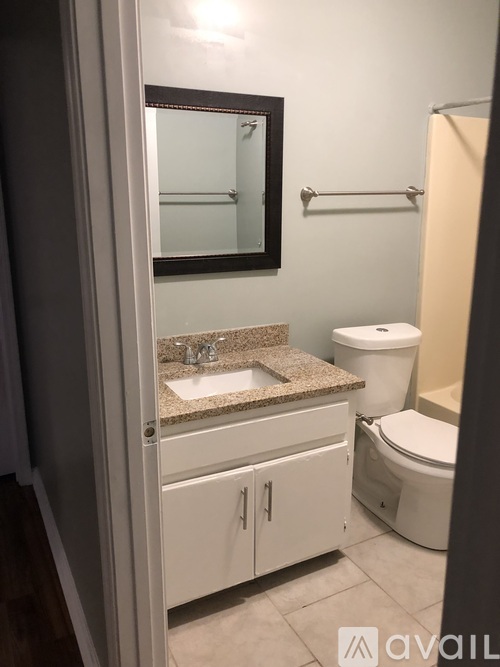 A bathroom with a sink, toilet, and a mirror.