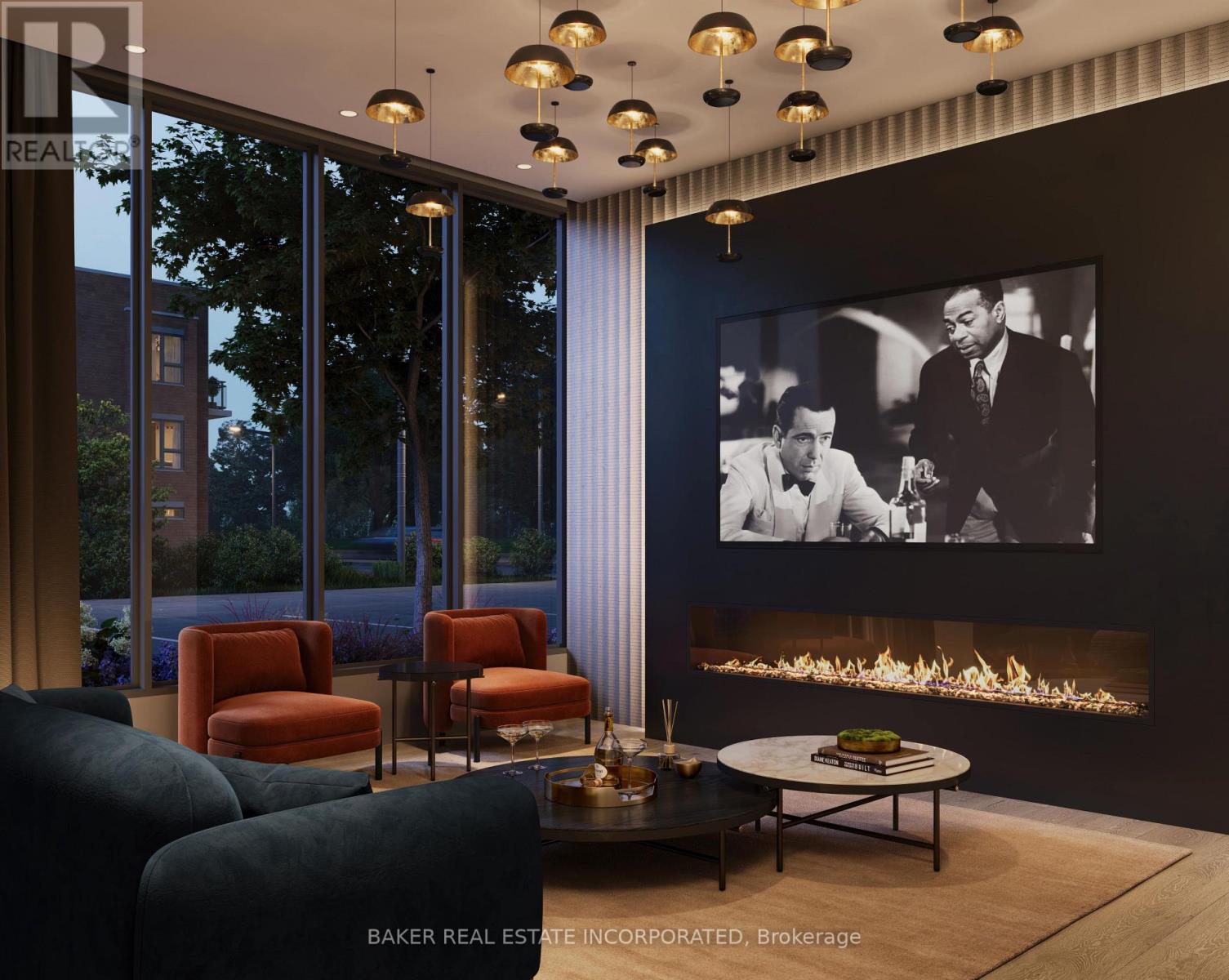 A modern living room with a fireplace and a large painting on the wall.