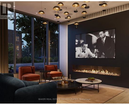 A modern living room with a fireplace and a large painting on the wall.