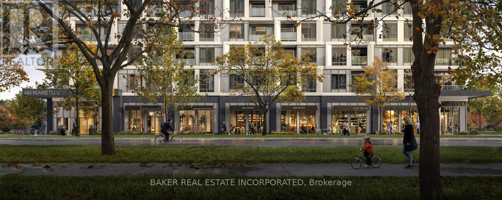 A rendering of a modern building with people walking in front.