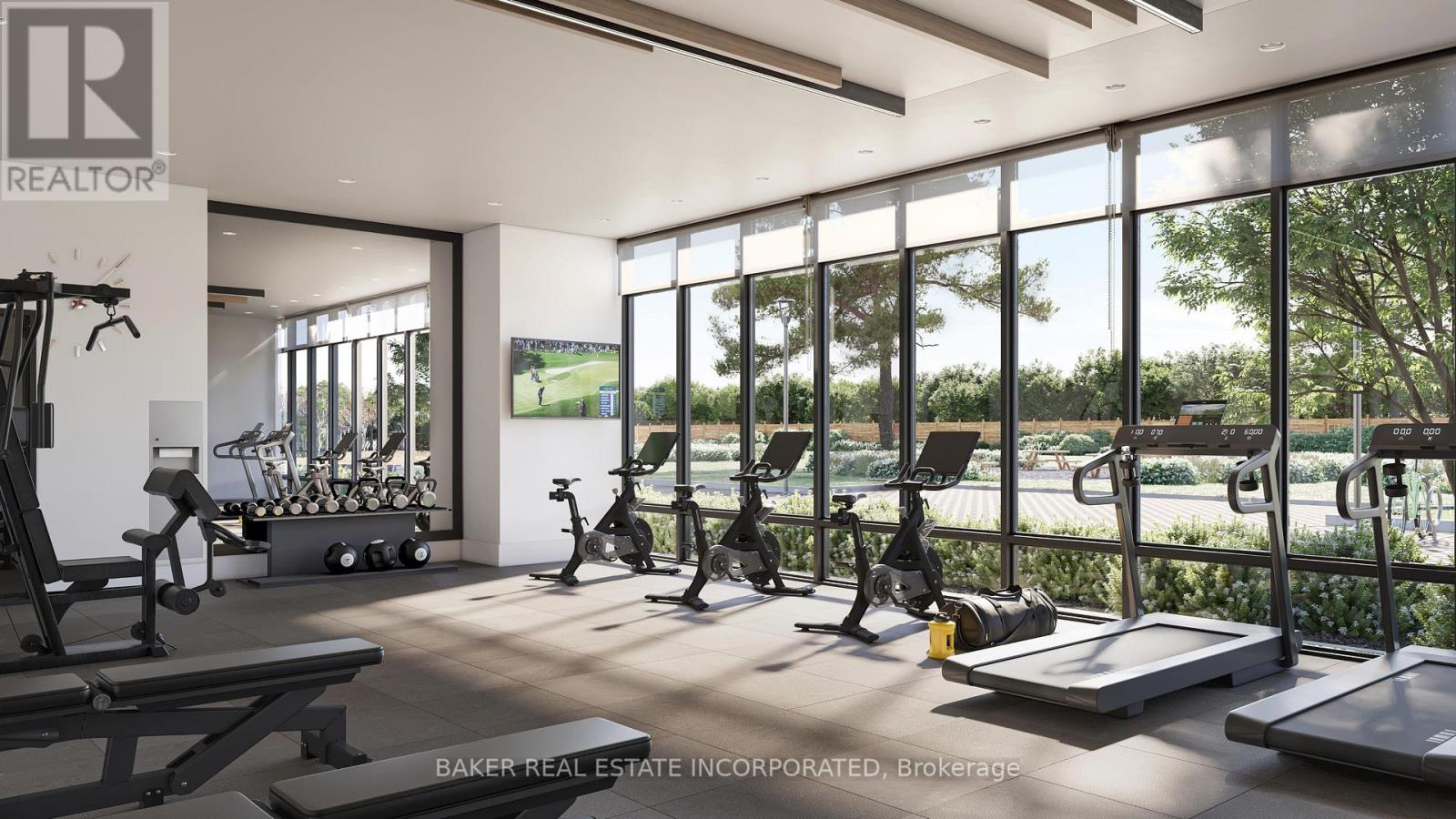 A gym with treadmills, elliptical machines, and other exercise equipment is shown.