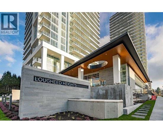 A modern building with the name "LOUGHEED HEIGHTS" on its facade.