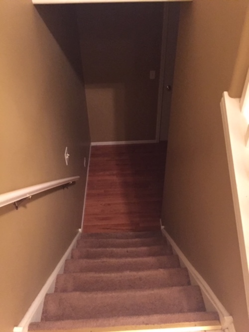 A staircase with a carpeted runner and wooden steps.