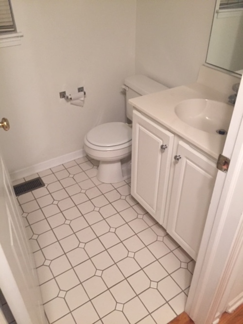 A white toilet and sink in a small bathroom.