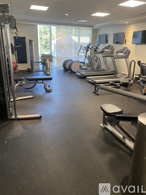 A gym with treadmills, weights, and exercise equipment.