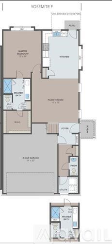 A floor plan of a Yosemite F apartment with a kitchen, living room, and family room.