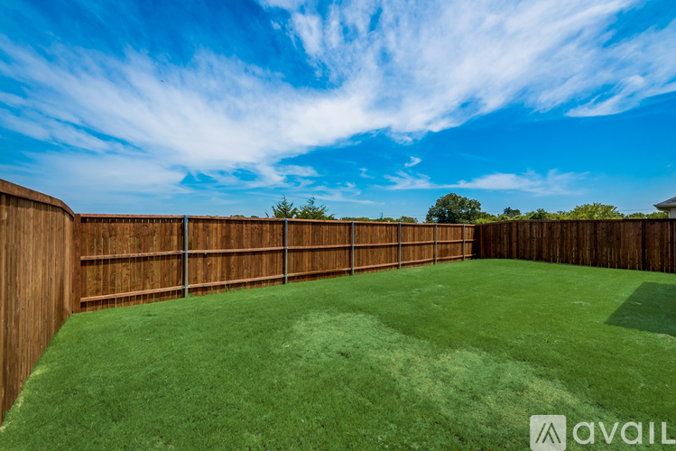 A backyard with a wooden fence and green grass.
