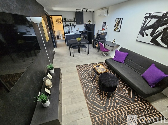 A living room with a black couch and a patterned rug.