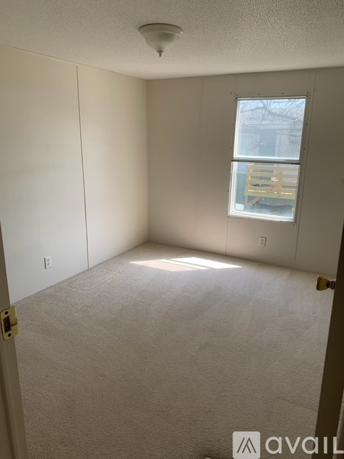 A room with a window and a carpeted floor.